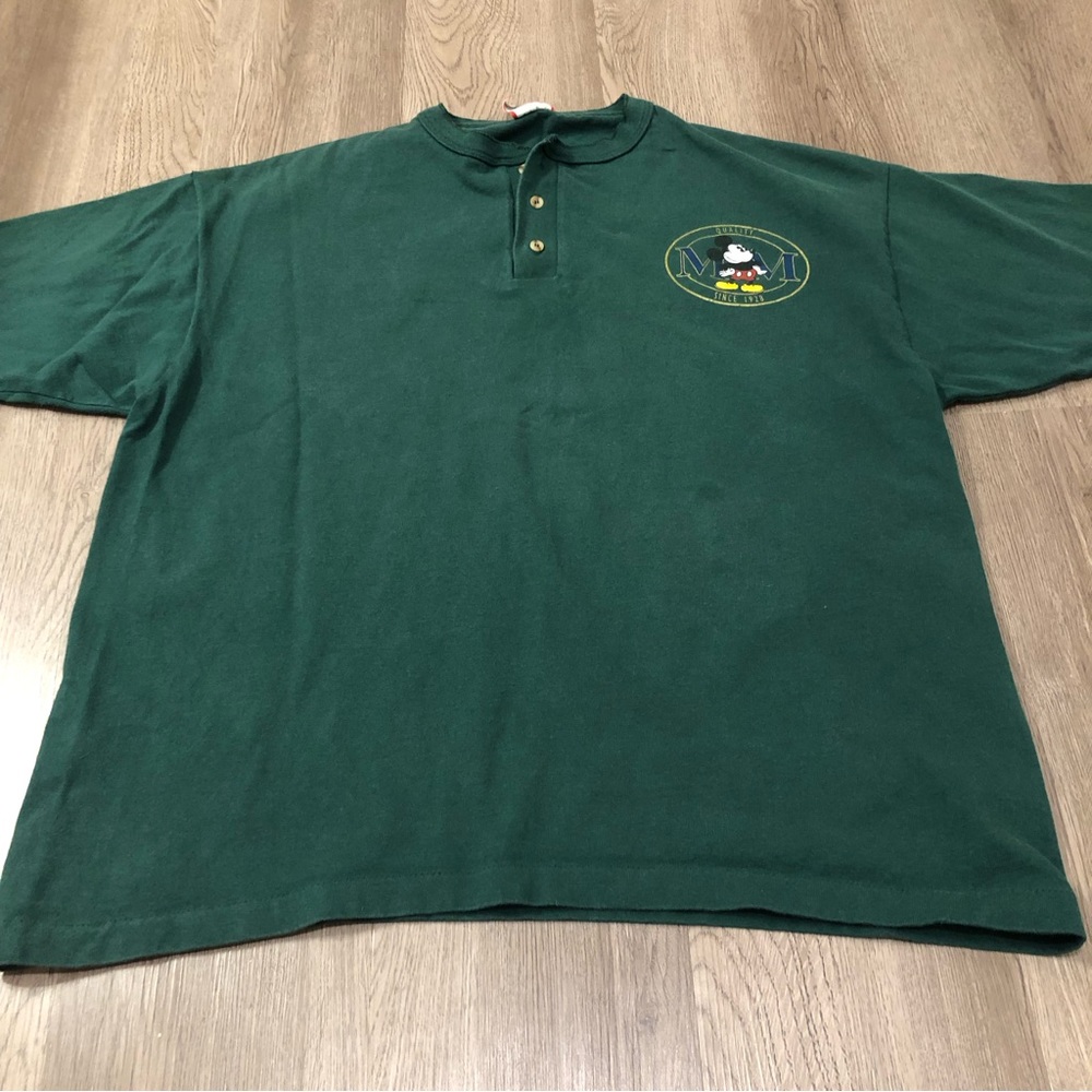 Vtg Disney Designs Mickey Mouse T-Shirt USA Made Henley Green L/XL Single Stitch